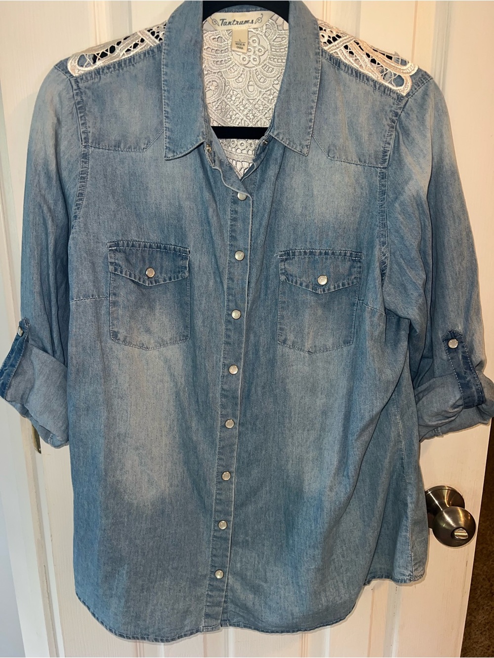 Tantrums Light Blue Denim Button-Up Shirt with Crochet Shoulder Panels.